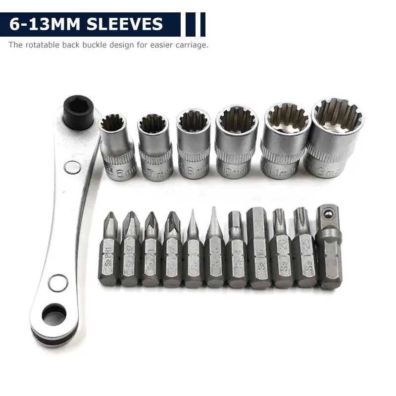 18Pcs chiave a cricchetto 6-13mm chiave a bussola regolabile Torx con intaglio Phillips dadi dadi Set di chiavi riparazione strumenti per biciclette