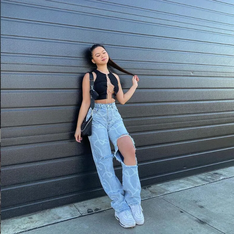 

2021 New High Waist Jeans Spicy Girls Hole Chain Printed Pants Western Style Hip Hop Loose Trousers Light Blue Straight-leg Pant