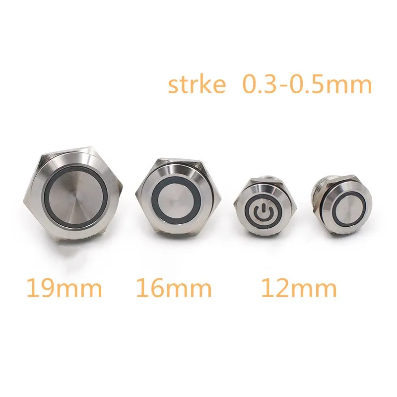 12/16/19mm Mirco Switch Short Strock Stainless Steel Momentary Self-reset Waterproof Metal Push Button Switch Power LED Light