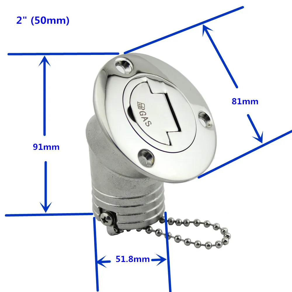 45 Degree Stainless Steel 316 Deck Filler Cap GAS DIESEL FUEL WASTE WATER 2