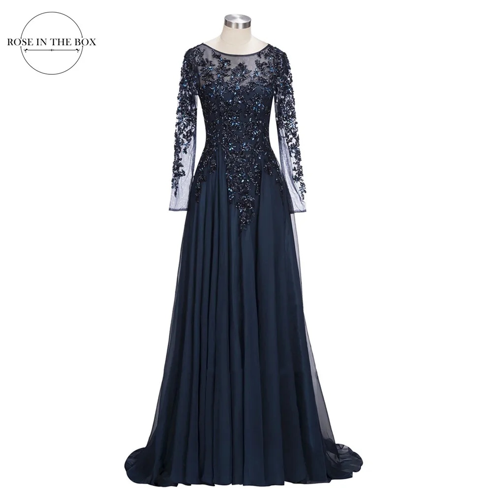 Exquisite Navy Blue Beads Crystals Long Sleeve Evening Dress 2022 Real Image Sexy Illusion Back Tulle A Line Evening Prom Gowns