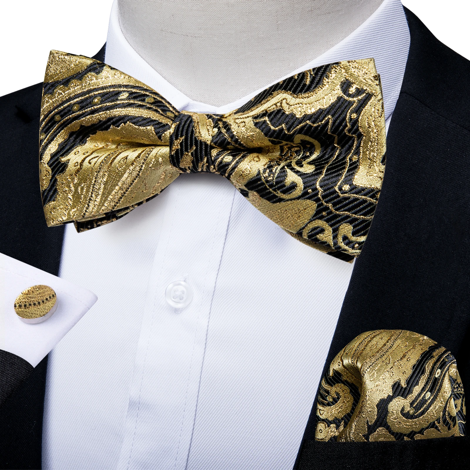 Herren-Fliege 3-teiliges Set Schwarz-Gold Blumenmuster Vorgebundene Fliege Manschettenknöpfe Einstecktuch-Set für Hochzeit Party Herren-Krawatte – Detail 5