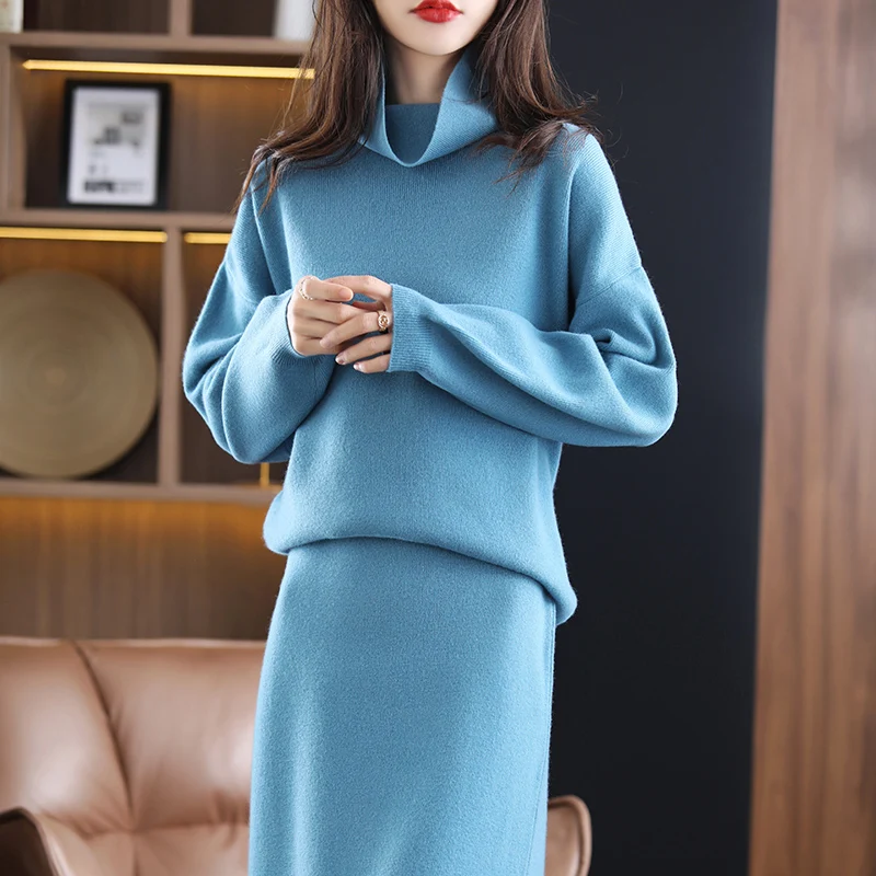 Women\'s Suit Wool Knitted Skirt Two-Piece 2023 Autumn and Winter New Turtleneck Sweater Fashion Wool Cashmere Package Hip Skirt