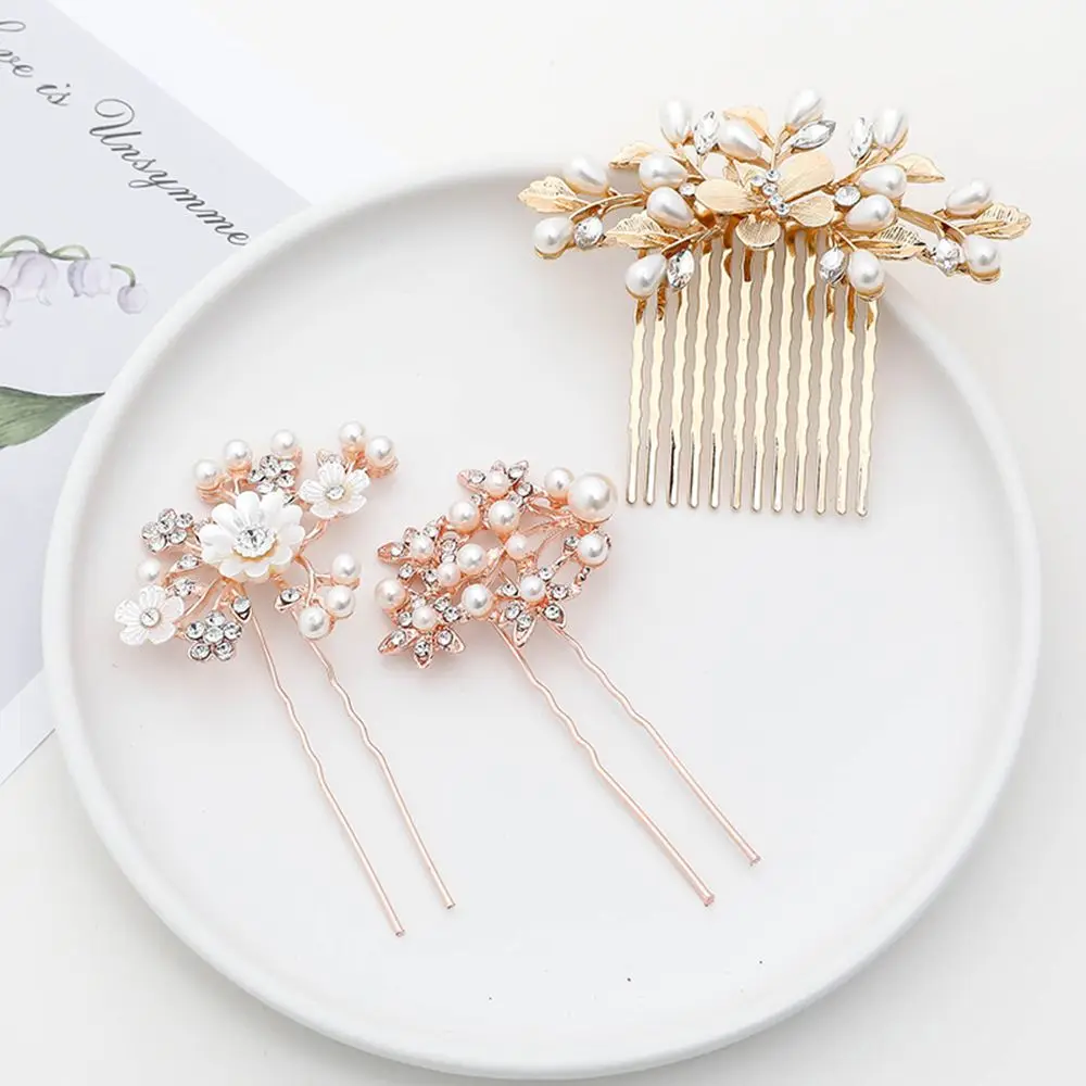 Minority Women Flowers Pearl Temperament Rhinestone Hair Stick Hair Accessories Five-tooth Hair Comb Korean Style Headwear