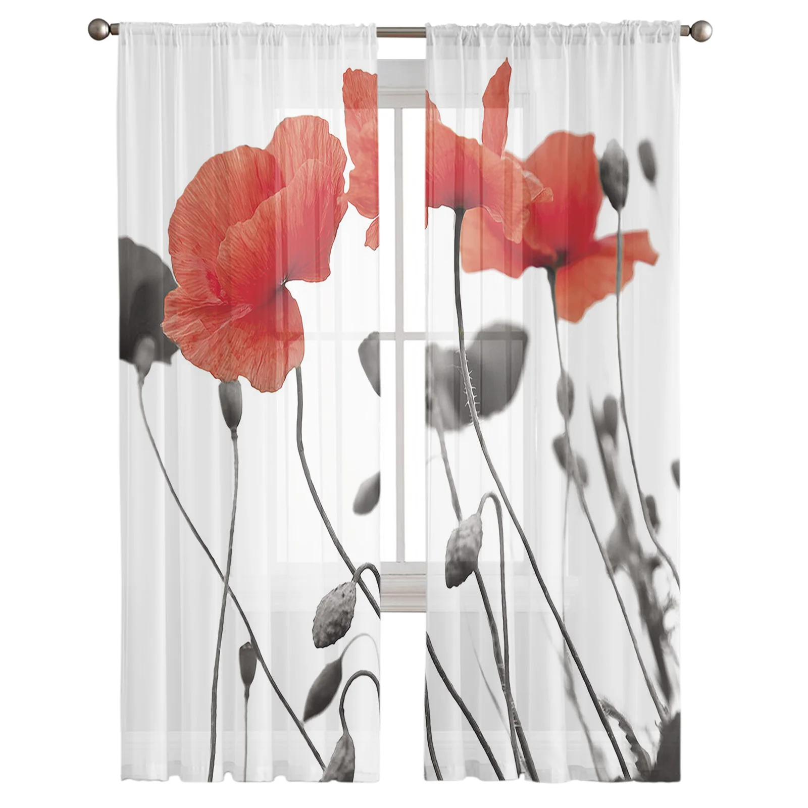 Red Poppy Flower Tulle Curtains For Living Room Bedroom Transparent Tulle Curtains Window Drapes Sheer Curtain