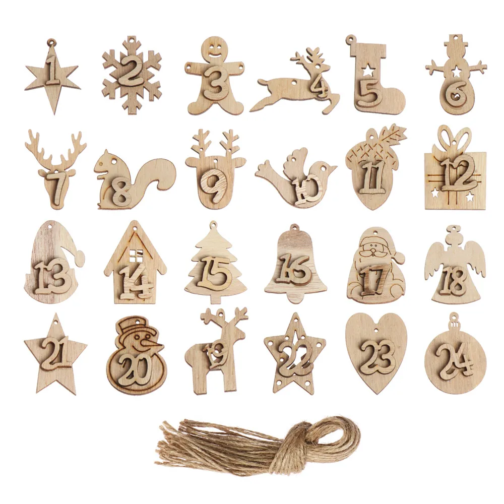 24Pcs DIY Numbers Christmas Advent Calendar Wooden Pendant Xmas Bags Number Label Calendar Countdown Hanging Tags For Home Decor