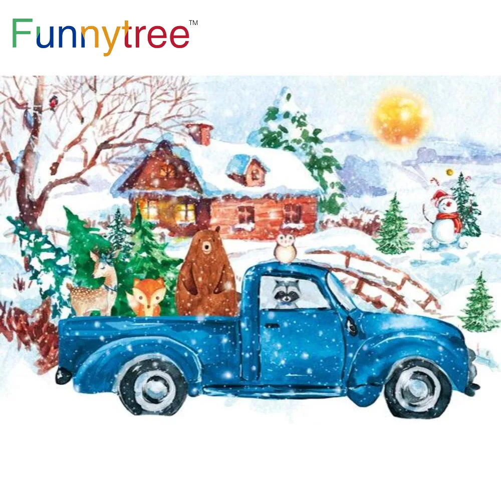 Funnytree Winter Onederland Snow House 1st Birthday Party Baby Shower Background Blue Truck Animals Forests Photocall Backdrop