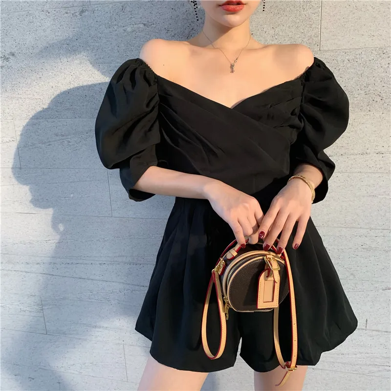 Black Bubble Sleeves V Neck Shorts Bodysuit Women 2021 Summer Slim Sexy Elegant Jumpsuits Wide Leg Rompers Pants Casual Trousers