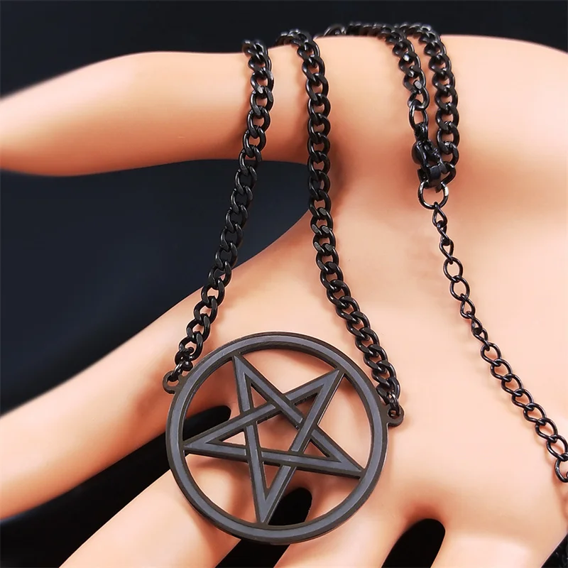Satan Inverted Pentagram Stainless Steel Choker Necklaces for Women Black Color Chain Necklaces Jewelry bijoux femme N541BKS03