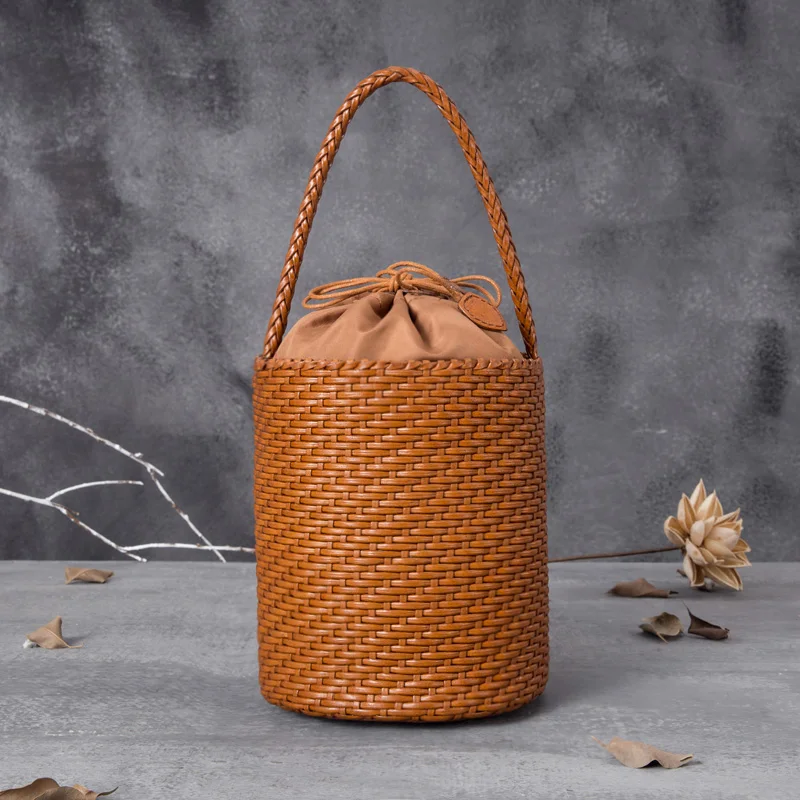 Bucket bag ethnic style round bucket bag Vintage Tote Bag Cowhide hollow woven bag Genuine Leather Women Shoulder Bag woven