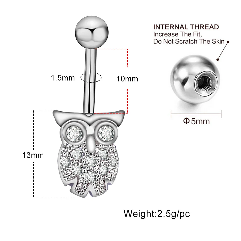 1Pc Owl Belly Button Rings Stainless Steel Navel Barbell Screw Nombril Ear Piercings Ombligo Navel Body Piercing Jewelry