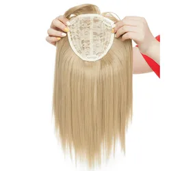 Cabello rubio sintético liso con flequillo para mujer, extensión de cabello de una pieza con Clip, fibra de alta temperatura, 14 pulgadas