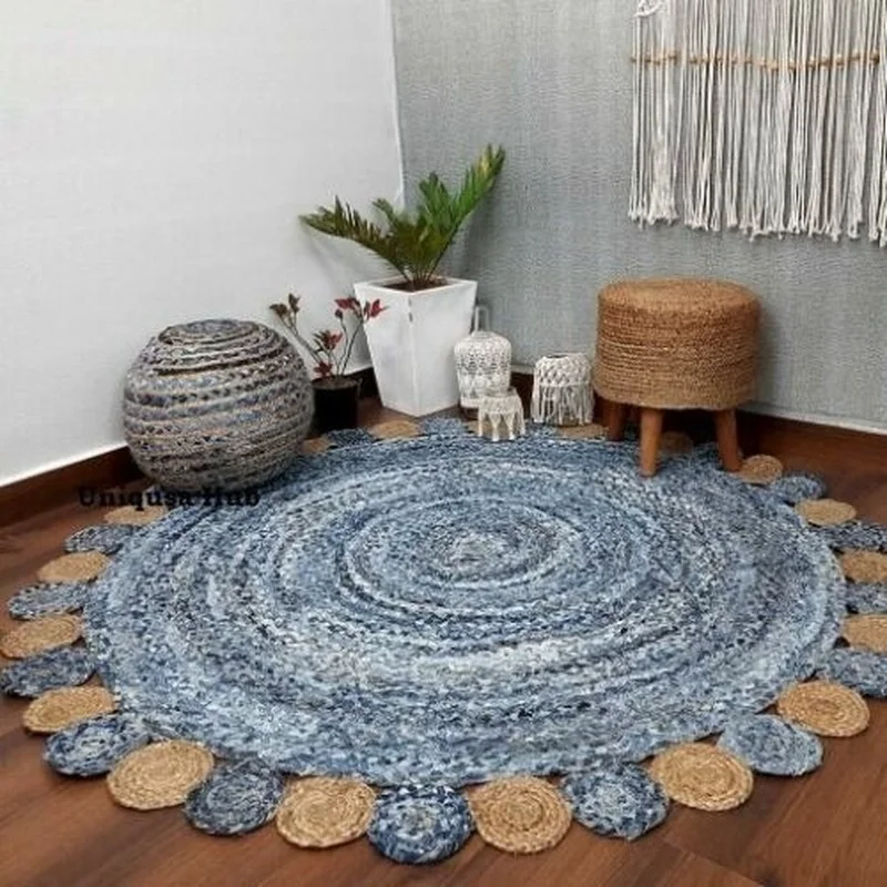 

Rug 100% Natural Jute and Denim Handmade Reversible Modern Living Area Carpet Rugs Carpets for Bed Room