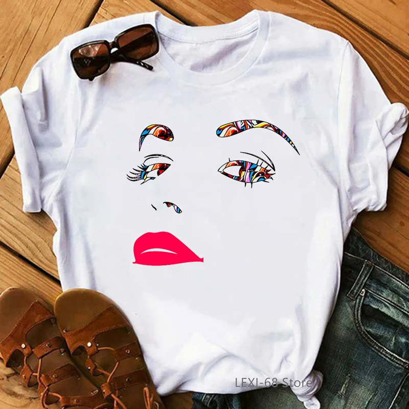 

Watercolor Red Lips Eyelash Makeup Print Women Tshirts White T Shirt Femme 90s Harajuku Ulzzang Shirt Tumblr Clothes Tops