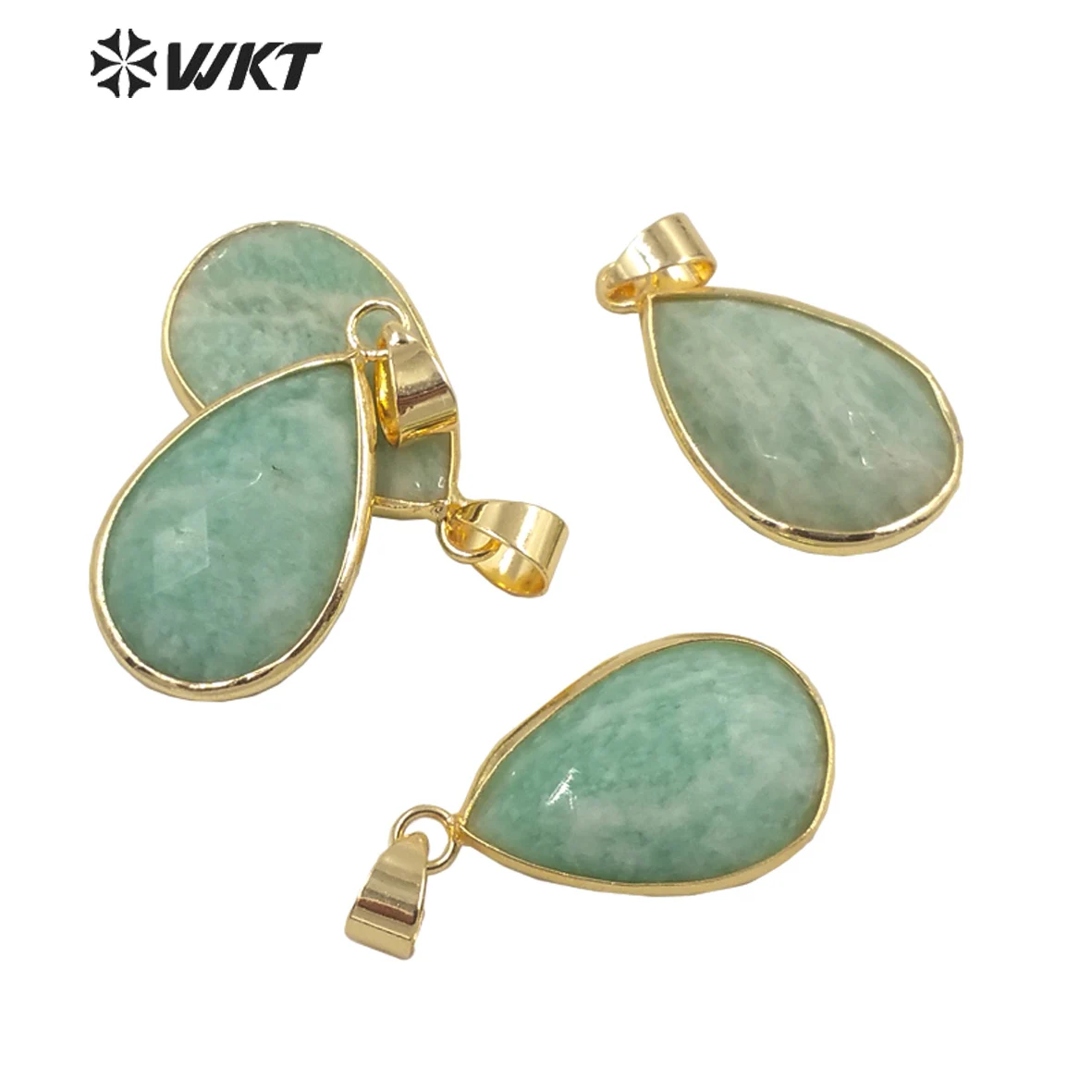 WT-P1640 Wholesale Natural Stone Pendant With Gold Eletroplated Water Shape Glossy Green Stone Jewelry For Neckkace