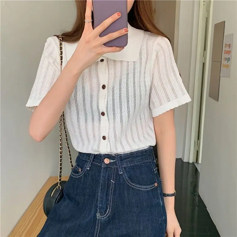 T-shirts Women Leisure Office Lady Tops Single Breasted Fashion Solid Hollow Out Summer Korean Style All-match Slim Short Sleeve