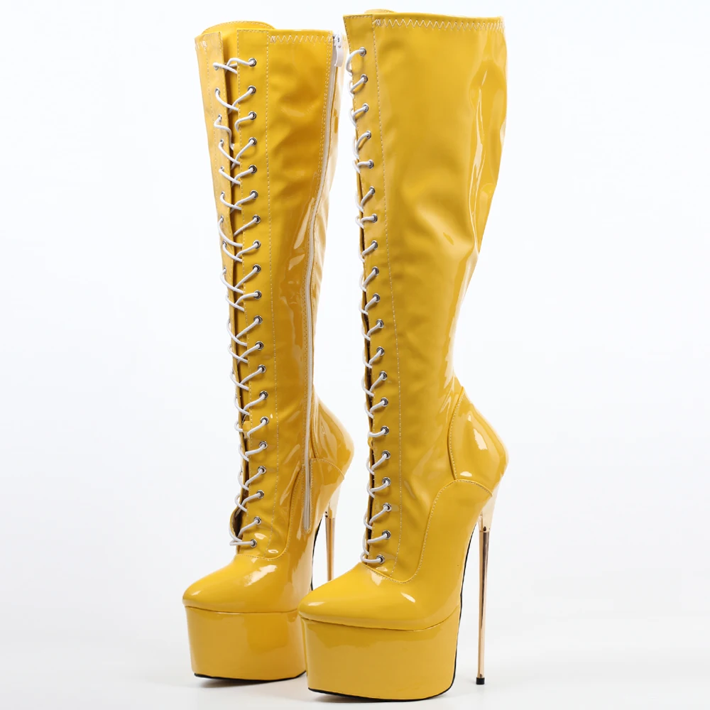 jialuowei 22CM Ultra High Heel Gold Metal Heels PU leather Lace-Up Knee High Platform Women Sexy Fetish Dance Motorcycle Boots