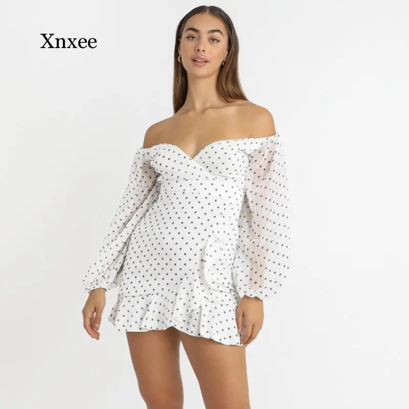 

2021 Spring White Dot Ruffles Chiffon Women Sumemr Dress Long Puff Sleeve Elegant Sexy Female V Neck Holiday Short Dresses