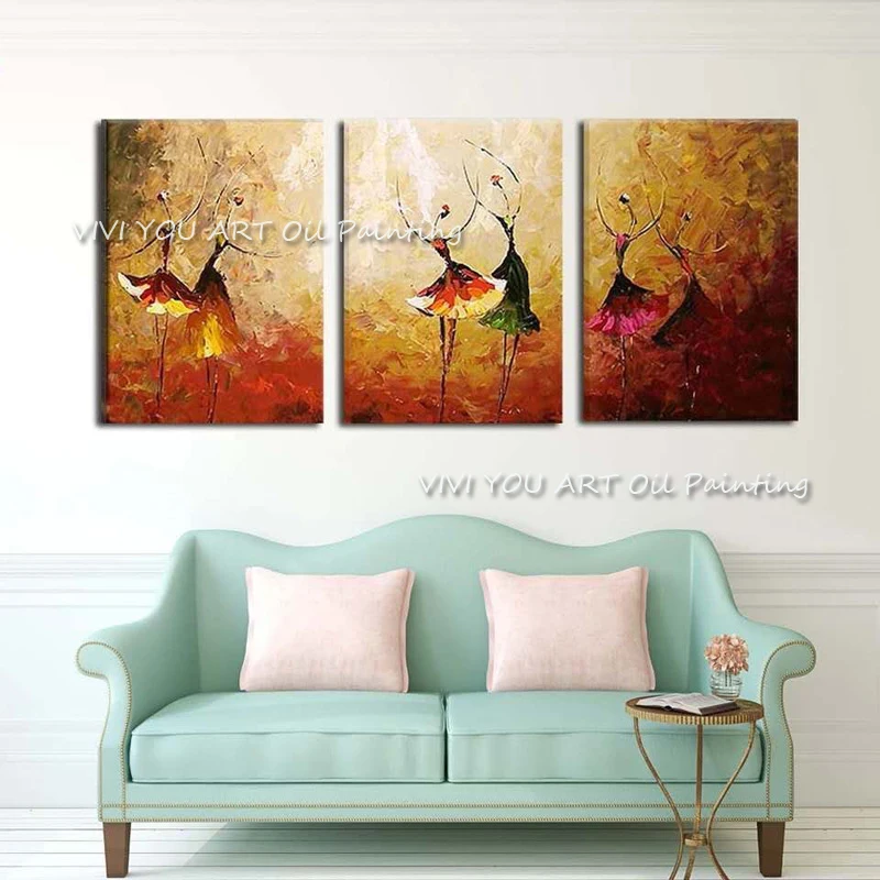 100% Handmade 3 Panels Colourful Ballet Dancing Painting Handpainted Oil Paintings On Canvas Abstract Knife Picture