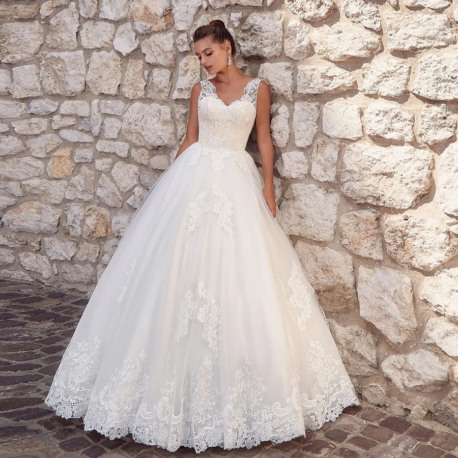 Elegante boné manga vestido de casamento robe de mariage com decote em v apliques até o chão tule a linha vestidos de noiva novia