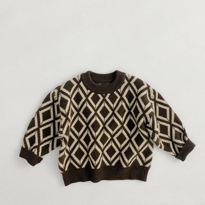 

Autumn Kids Clothes Pullover Long Sleeve O-Neck Knitting Stretch Diamond Lattice Sweater