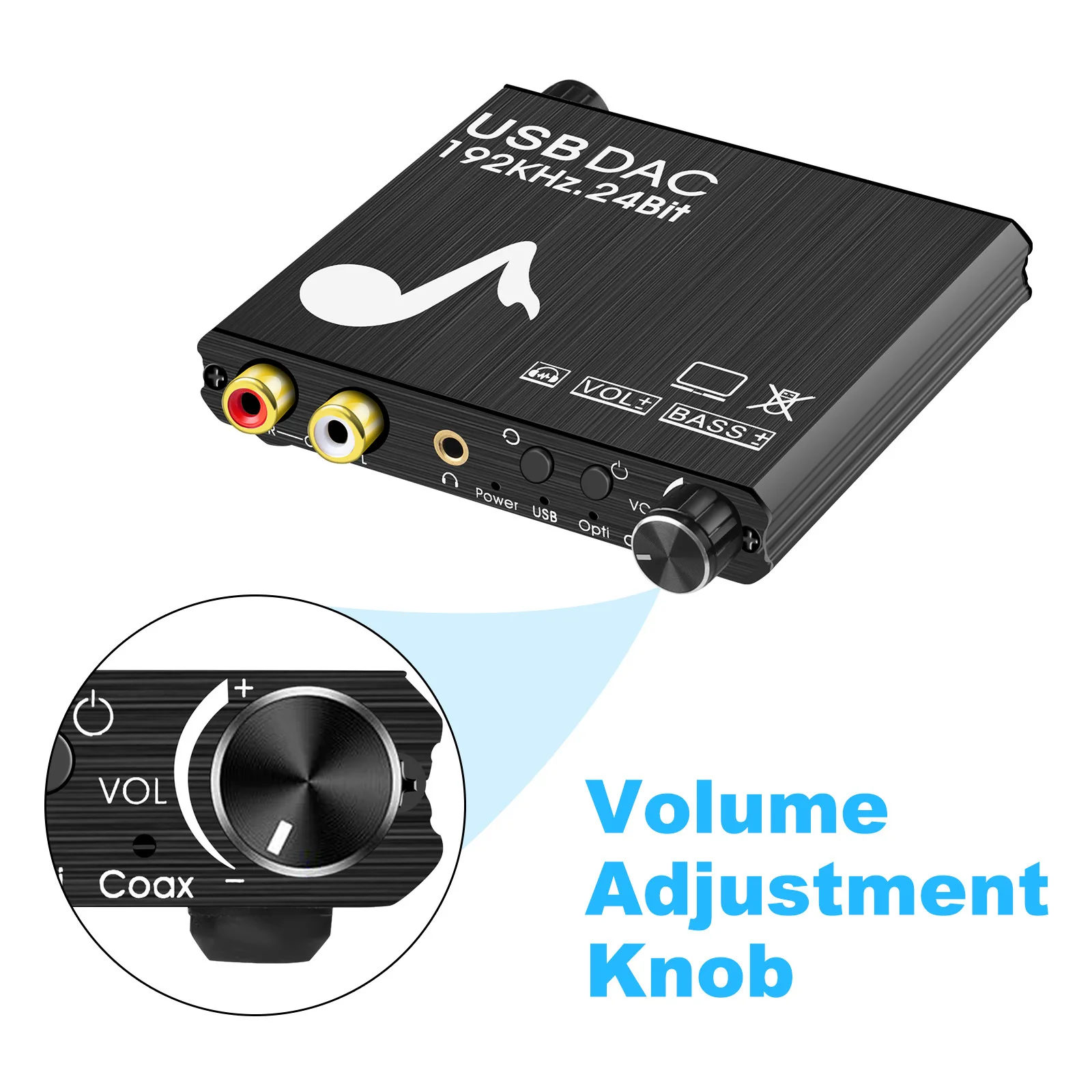 USB DAC 192kHz 24 비트 디지털-아날로그 컨버터, 베이스 및 볼륨 제어, 동축 토스링크-아날로그 스테레오 L/R RCA, 신제품