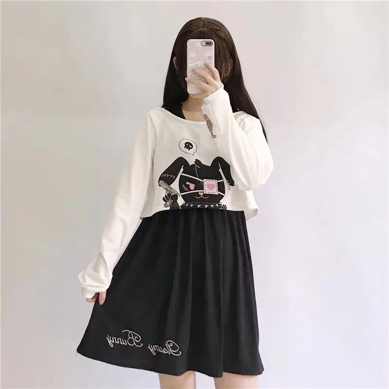 

Japanese Kawaii Bunny Rabbit Lolita Dress Cute Comic Black Two Piece Set Cosplay Long Sleeve Casual Loose Girl Dresses LYQ1365