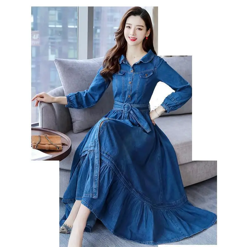 2023 Spring Autumn Denim Dress Female Fashion Doll Collar Dress Korean Womens Clothing Single-breasted Denim Dresses aq260