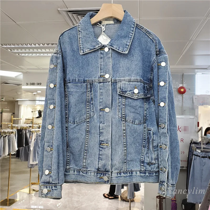 

Denim Jacket Women Nice Spring Autumn New Pure Color Street Wear Retro Lapels Short Casual Loose Jean Coat Blue Nancylim