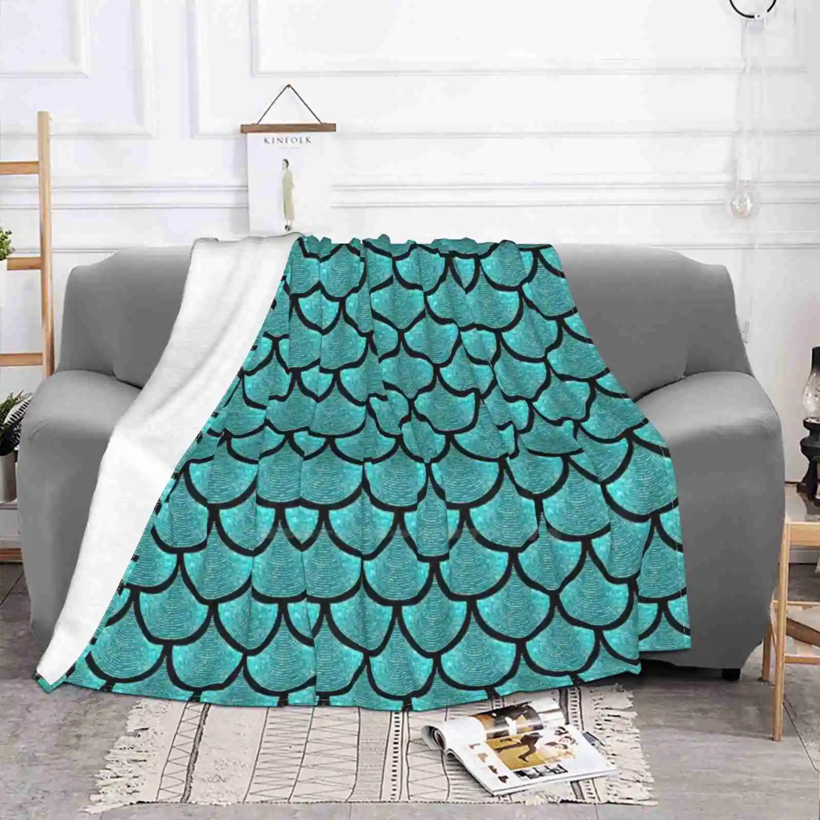 Mermaid Scales With Turquoise Glitter Effect Best Selling Room Household Flannel Blanket Beautiful Colorful Decorative Fashion