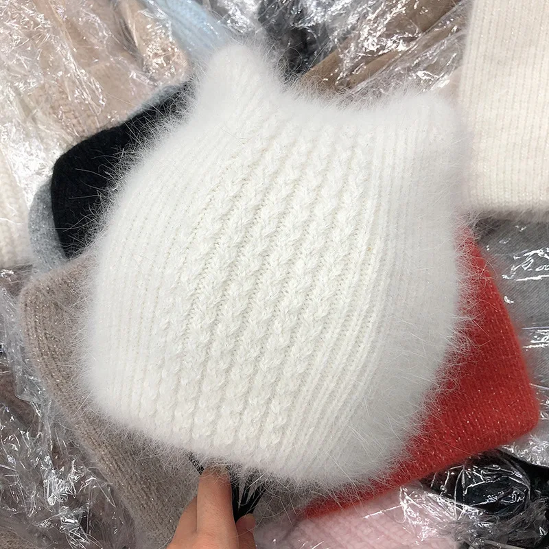 202012  dropshipping winter Angora rabbit hair warm knitting cat ear cute leisure lady Skullies Beanies cap men women cool hat