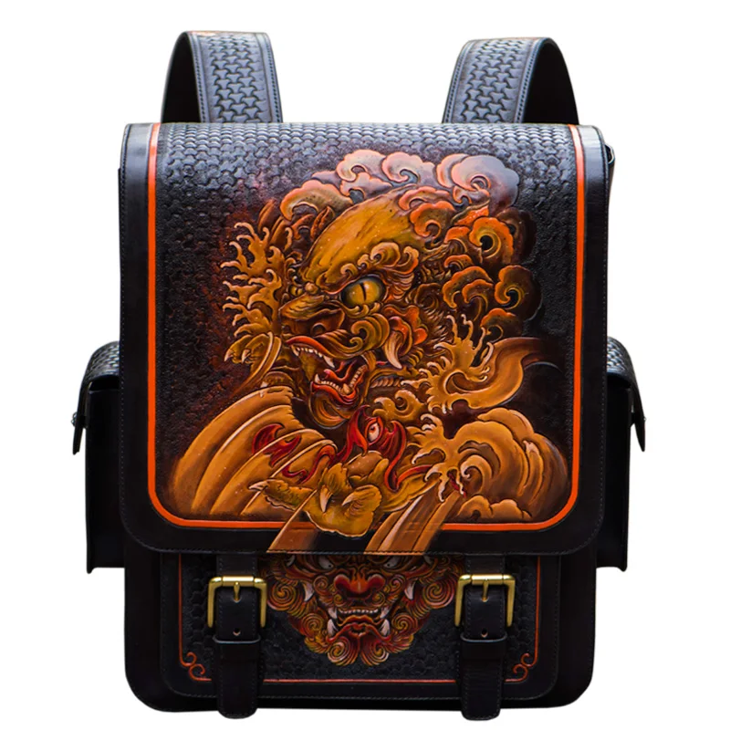 Elaborate Works Handmade Man Cow Leather Lion Backpacks Bag Men Vegetable Tanned Leather Genuine Leather Satchels