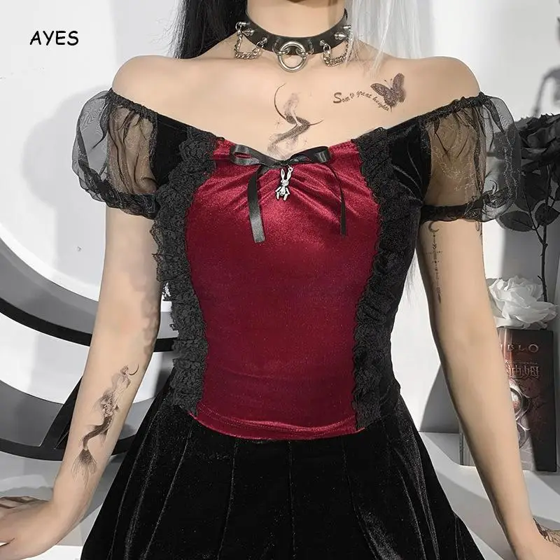 

2023 New Women Sexy Gothic Punk T Shirt Women Lantern Sleeve Off Shoulder Crop Tops Fashion Lace Patchwork Bow Tees Dropshipping