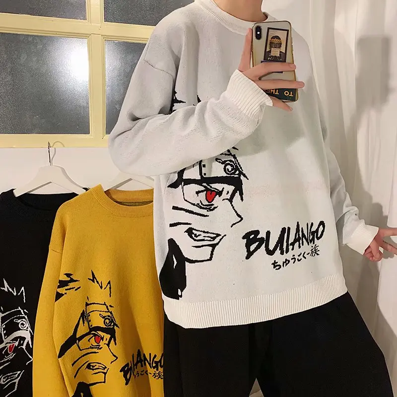 Abfe japońskie Anime Uzumaki sweter z dzianiny męskie ponadgabarytowe bluzy z okrągłym wycięciem pod szyją kobiety Hip Hop zimowe ubrania czarny