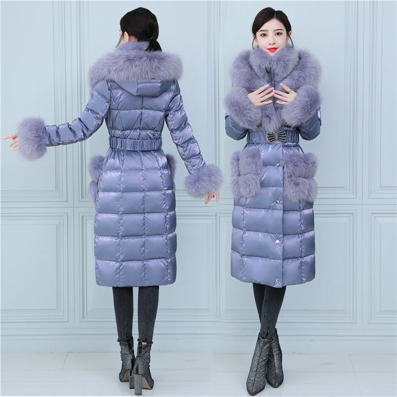 Русский теплый меховой пуховик Fit -30℃ cold Winter Glossy Duck Down Coats Female Large Real Fox Fur Hooded Parkas wy429