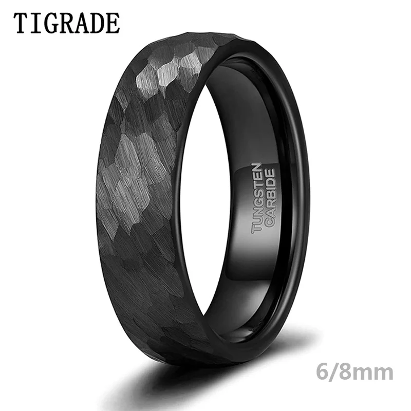 Tigrade 6mm 8mm młotkowane wolframowe obrączki dla kobiet mężczyzn czarny szczotkowany męski obrączka Comfort Fit rozmiar 6-15