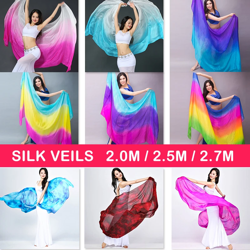 Women 100% Silk Veils Belly Dance Scarf Hand Thrown Gradient Silk Shawl Customized Real 200cm 250cm 270cm Kids Adults 24 Color