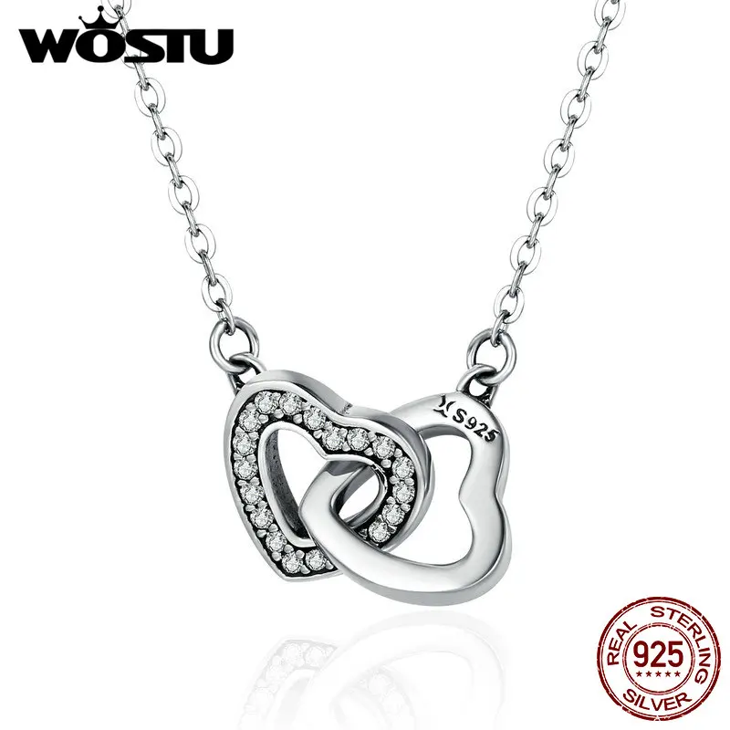 WOSTU 925 Sterling Silver Connected Heart Couple Heart Pendant Necklace for Girlfriend Jewelry Valentine Day Gift CQN181