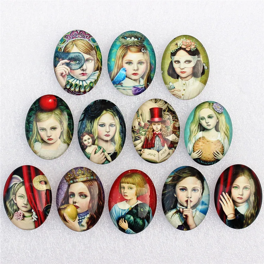 30x40mm Random Mixed Fashion Retro Girl Oval Glass Cabochon Flatback Photo Base Tray Blank DIY Making Accessories 5pcs K02125