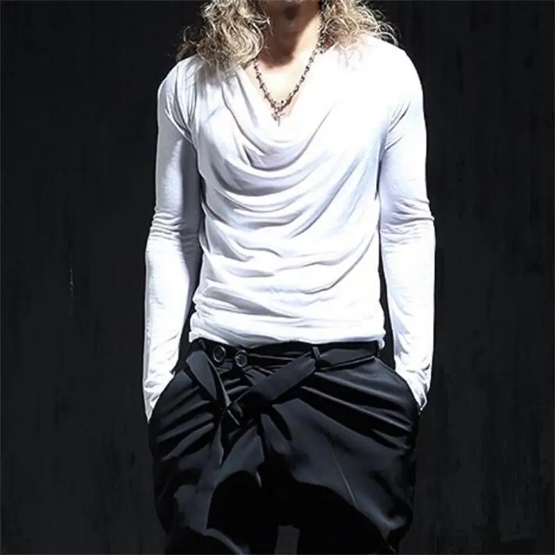 

Men's T-shirts New Spring Korean plus-size men's long-sleeved T-shirts Men's lapel pile collar bottom long-sleeved shirts trend