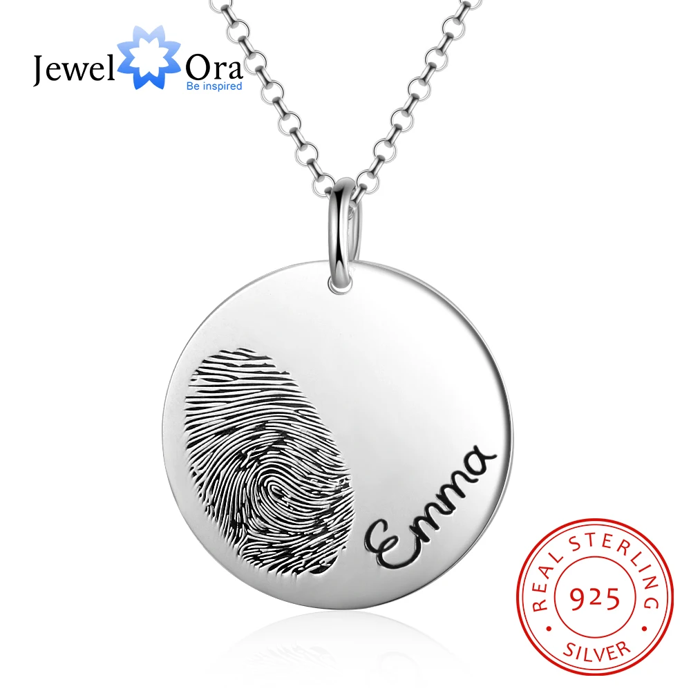 JewelOra 925 Sterling Silver Personalized Fingerprint Necklace with Engraved Name Customize Baby Handprint Pendant Memorial Gift