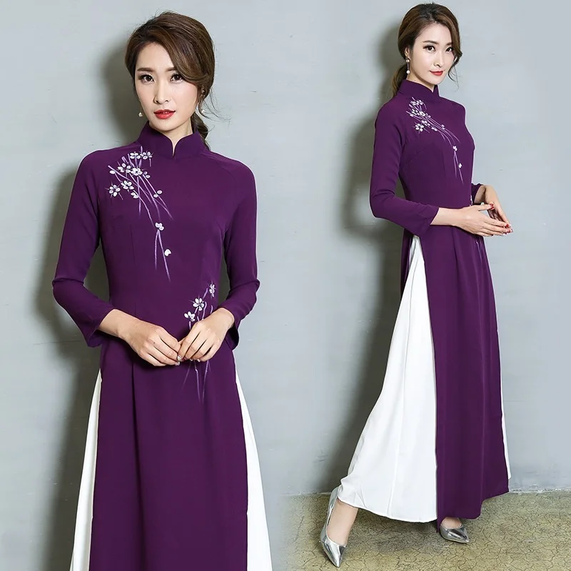 Vietnam Ao Dai Patchwork Tight Dress for Woman Chinese Traditional Costumes Qipao Cheongsams Flower Female Oriental Outfits