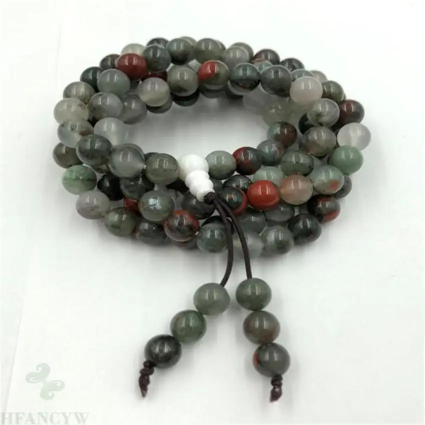 

8mm Bloodstone Gemstone Mala Bracelet 108 Bead band Tassel Tibet silver Reiki MONK Lucky Buddhist Handmade pray men chain Prayer