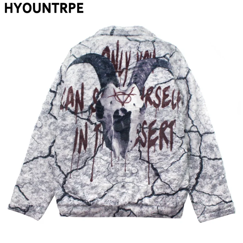 

Mens Hip Hop Evil Harajuku Printed Fleece Jackets Coats Hairy Buttons Loose Outerwears Warm Stand Collar Thick Streetwear Parkas