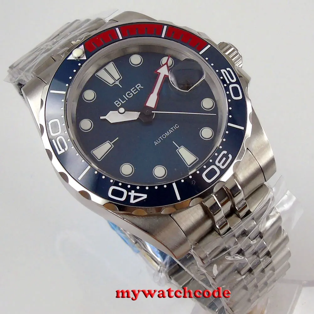 

40mm bliger blue dial jubilee bracelet automatic mens watch sapphire glass date