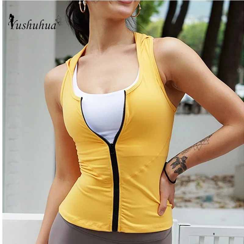 Yushuhua Yoga Vest Hooded Yoga Shirts Women Sleeveless Zipper Sports Training Vest Quick-Drying Tight Running Fitness Tops