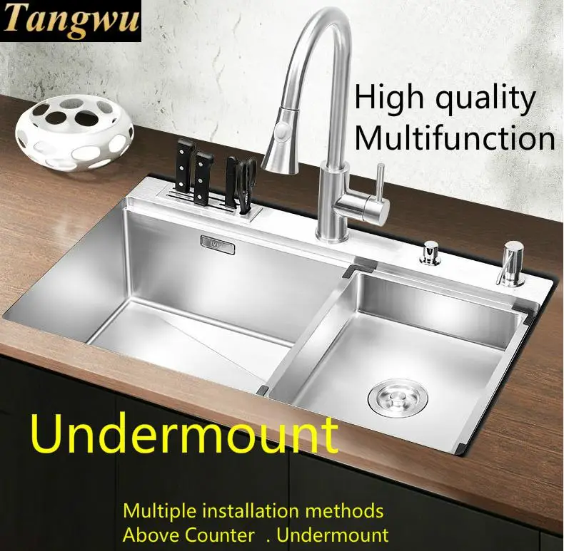 Free shipping Big kitchen manual sink single trough stretch faucet 304 stainless steel push-button drainer hot sell 770x480 MM