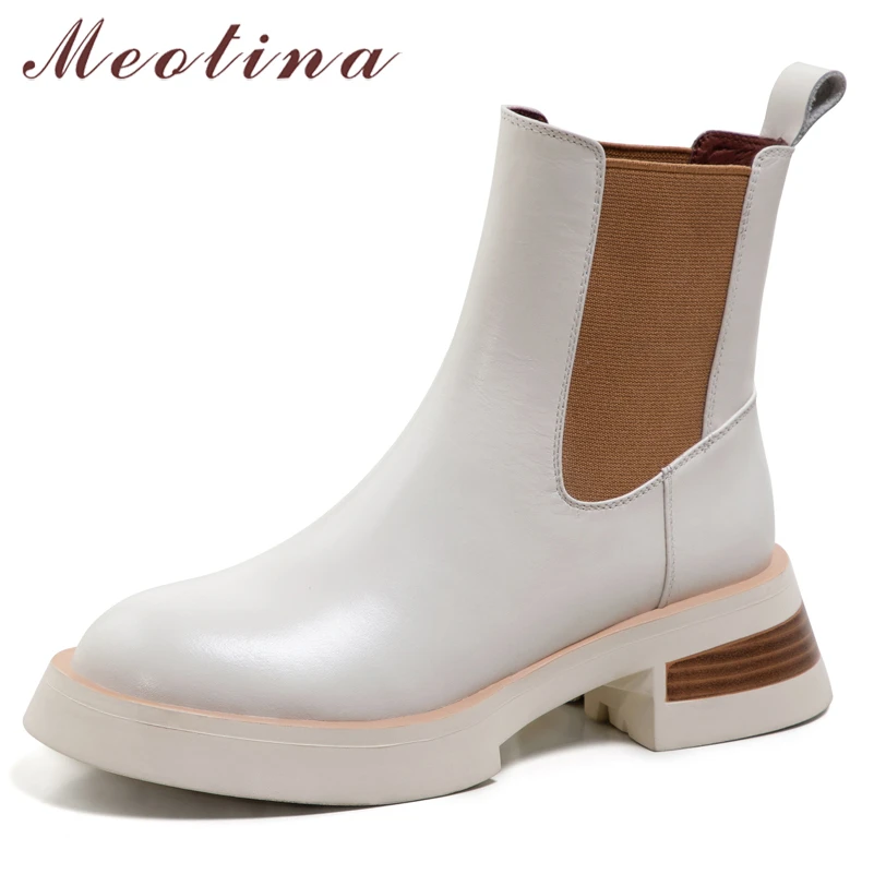 Meotina Women Shoes Genuine Leather Chelsea Boots Round Toe Ankle Boots Thick Med Heel Ladies Footwear Autumn Winter 39 Fashion