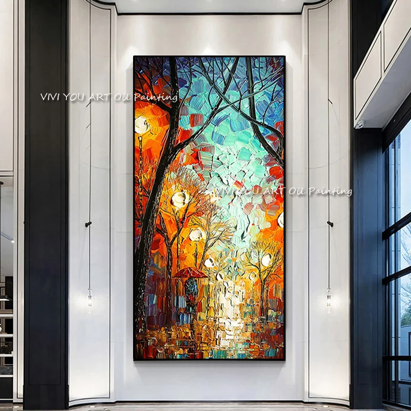 

Landscape oil painting lovers after rain night scene art canvas painting for corridor office home decoration Artwork