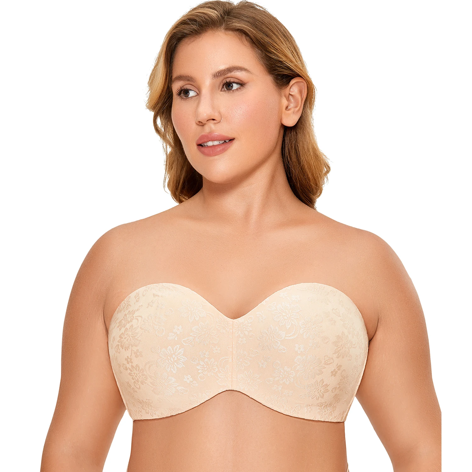 Floral Jacquard Strapless Women Bra Plus Size Multitway Non-padded Underwire Bras Underwear B-DD E F 32-40 42